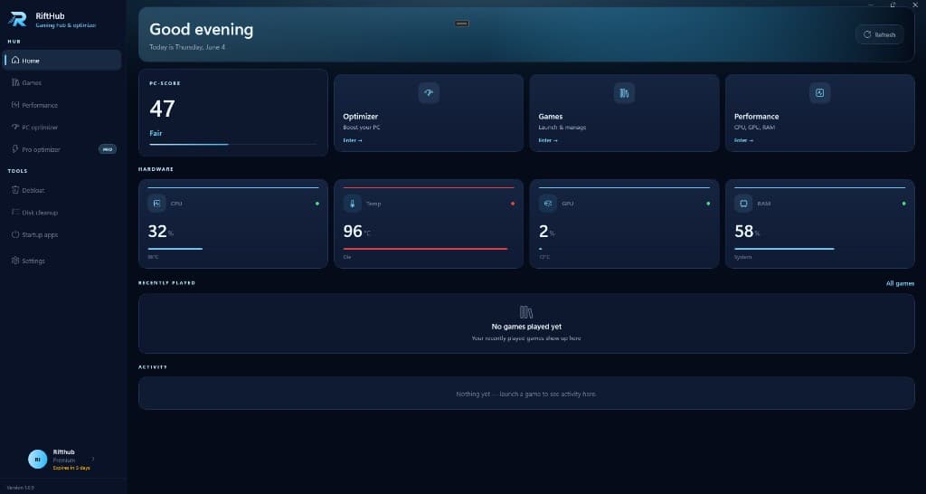 RiftHub app dashboard — PC score, hardware telemetry, and game library